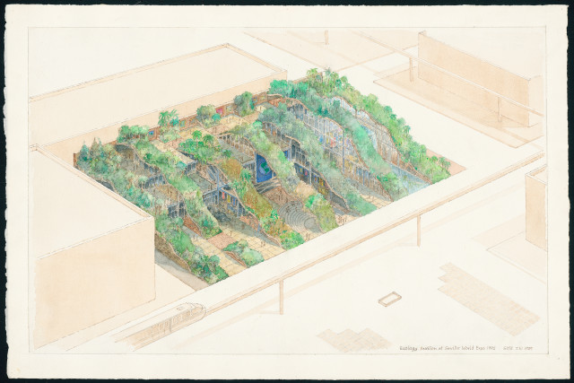 World Ecology Pavilion – Expo ‘92*, 1990, Aquarell auf Papier , 38,10 x 60,96 cm © James Wines