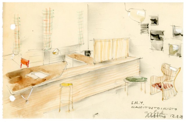 Perspective sketch for Suomen Matkailijayhdistys office design in 1939, Quelle: Drawing archive of the Alvar Aalto Foundation