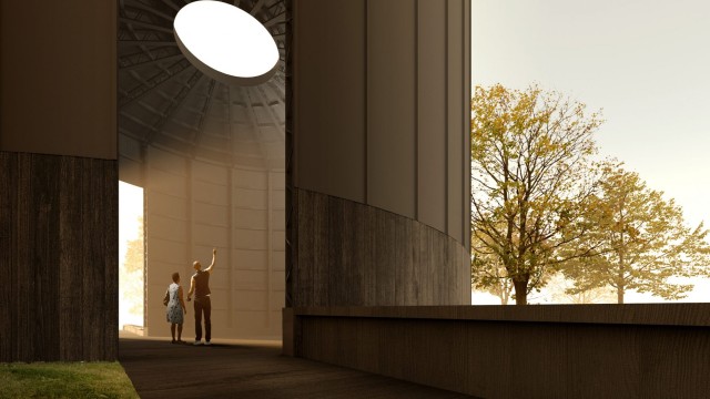 Serpentine Pavilion 2022 Black Chapel designed by Theaster Gates. Design render, interior view © 2022 Theaster Gates Studio, courtesy: Serpentine Theaster Gates © Sara Pooley
