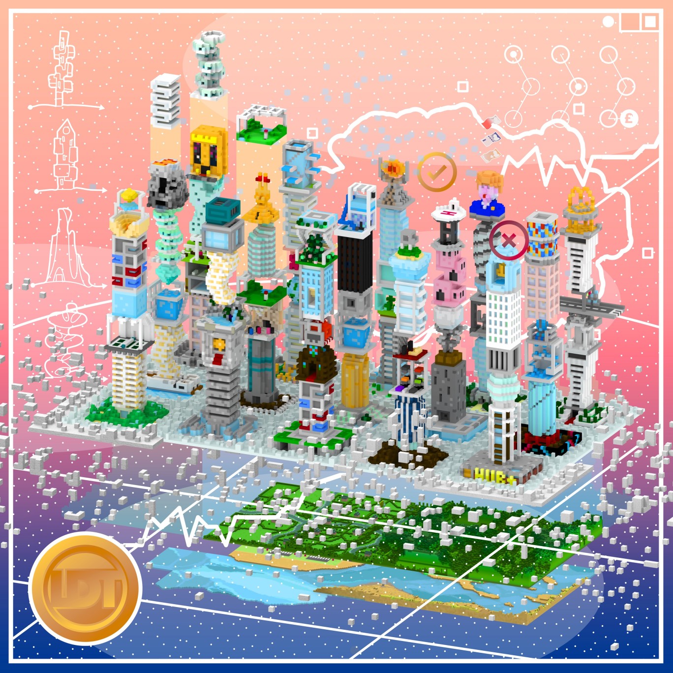 London Developers Toolkit. Die satirische App London Developers Toolkit untersucht die aufkeimende Skyline phallisch anmutender Wohntürme in ganz London. Sie fordert die Benutzer*innen auf, aus vorangefertigten, ikonischen Teilen einen eigenen, megalomanen Wolkenkratzer zusammenzustellen und dazu aufdringliches Werbematerial zu gestalten. © You+Pea