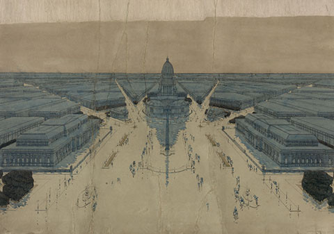 Jules Guerin, delineator. Plan by Daniel Burnham and Edward Bennett. Plate 132 from The Plan of Chicago, 1909: Chicago. View, Looking West, of the Proposed Civic Center Plaza and Buildings, Showing it as the Center of the System of Arteries of Circulation and of the Surrounding Country, 1908. On permanent loan to the Art Institute of Chicago from the City of Chicago.